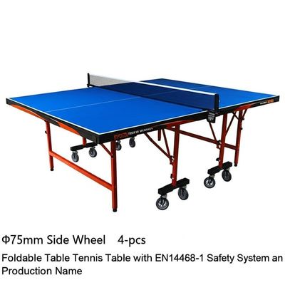 Mesa de ping pong plegable con ruedas laterales de Φ75mm, 4 piezas, con sistema de seguridad EN14468-1 y nombre de producción